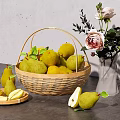 Fresh Ripe Pears in Wicker Basket with Sliced Pears and Roses Vase on Gray Tabletop
