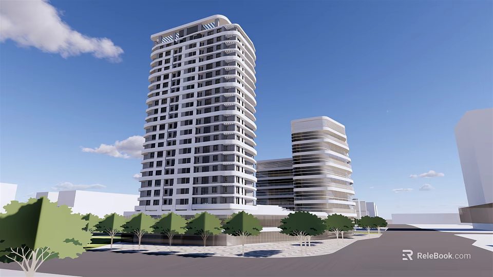 Modern High Rise Office Building Exterior Design With Trees And Open Road Under Blue Sky 3d model 