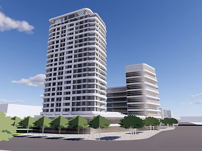 Modern High Rise Office Building Exterior Design With Trees And Open Road Under Blue Sky 3d model
