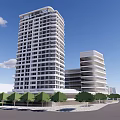 Modern High Rise Office Building Exterior Design With Trees And Open Road Under Blue Sky