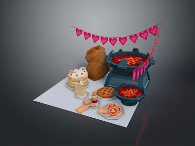 Cheerful Household Items With Heart Bunting Cake Slices And Hot Pot Bowls 3d model