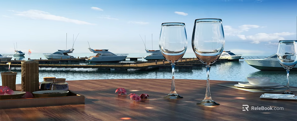 Picturesque Marina Scene With Moored Yachts Calm Water Wooden Table Wine Glasses And Pink Petals 3d model 