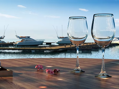 Picturesque Marina Scene With Moored Yachts Calm Water Wooden Table Wine Glasses And Pink Petals 3d model