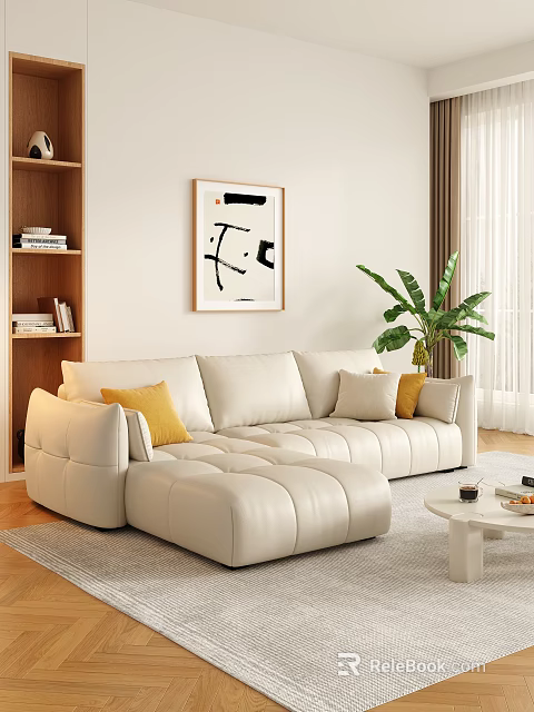Modern White Sectional Sofa with Yellow Beige Cushions Abstract Painting Green Plant and Coffee Table 3d model 