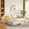 Modern White Sectional Sofa with Yellow Beige Cushions Abstract Painting Green Plant and Coffee Table