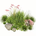 Green Herbs And Pink Feathery Plants With Stones In Natural Garden Arrangement