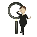 Cartoon Game Movie Character In Black Outfit With Magnifying Glass Leaning Head And Extending Hand