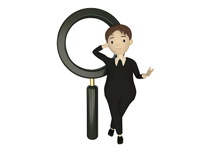 Cartoon Game Movie Character In Black Outfit With Magnifying Glass Leaning Head And Extending Hand 3d model