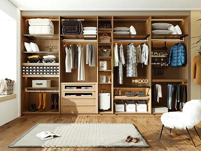 Modern Wooden Wardrobe Interior Design With Hanging Clothes Folded Items And Storage Drawers 3d model