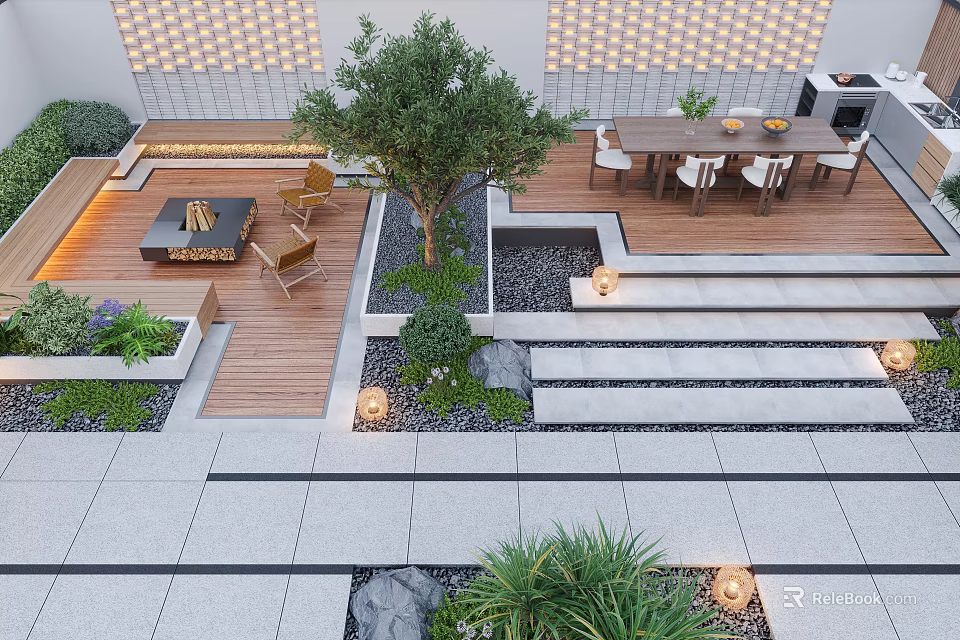 Courtyard Garden With Wooden Deck Fire Pit Outdoor Dining Table And Trees 3d model 