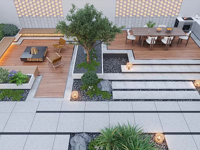Courtyard Garden With Wooden Deck Fire Pit Outdoor Dining Table And Trees 3d model