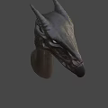 Game Fantasy Character Black Dragon Head With Glowing Eyes Horns And Scaly Texture