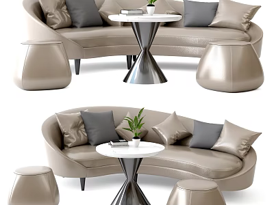 Modern Beige Leather Sofa and Coffee Table Set with Decorative Pillows Stools and Small Plant 3d model
