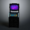 Black Arcade Machine With Purple Screen Display And Control Panel Speakers