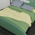 Dinosaur Shaped Green Kids Bed With Yellow Accents Striped Quilt And Polka Dot Pillow