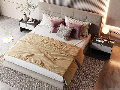 Modern Double Bed Bedroom Design With Beige Quilt Pink Grey Pillows And Nightstands 3d model