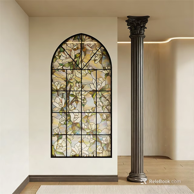 Elegant Entryway Featuring Arched Stained Glass Window Black Column And Light Colored Walls 3d model 
