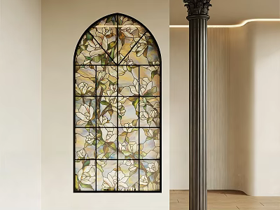 Elegant Entryway Featuring Arched Stained Glass Window Black Column And Light Colored Walls 3d model