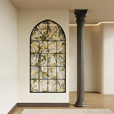 Elegant Entryway Featuring Arched Stained Glass Window Black Column And Light Colored Walls 3d model