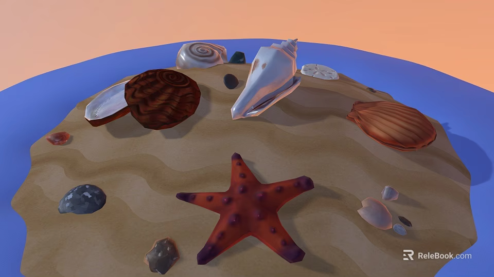 Natural Beach Sand Scene With Colorful Starfish Various Seashells And Stones 3d model 