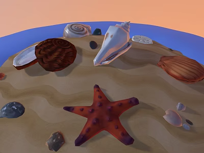 Natural Beach Sand Scene With Colorful Starfish Various Seashells And Stones 3d model