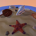 Natural Beach Sand Scene With Colorful Starfish Various Seashells And Stones