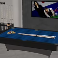 Modern Billiard Room Interior With Blue Felt Pool Table Cue Rack And TV Showing Game