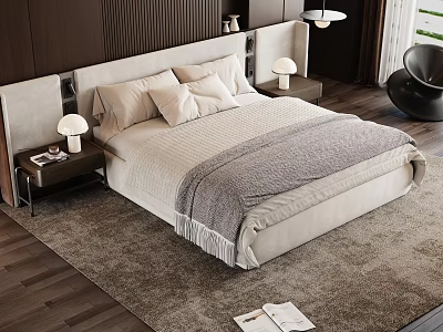 Modern Cozy Bedroom Interior With Large Bed Upholstered Headboard Nightstand Lamp And Soft Rug 3d model