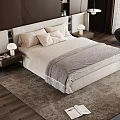 Modern Cozy Bedroom Interior With Large Bed Upholstered Headboard Nightstand Lamp And Soft Rug