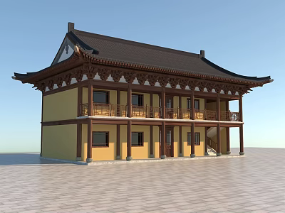 Ancient Chinese Architecture With Yellow Walls Dark Roof Wooden Columns And Balcony 3d model
