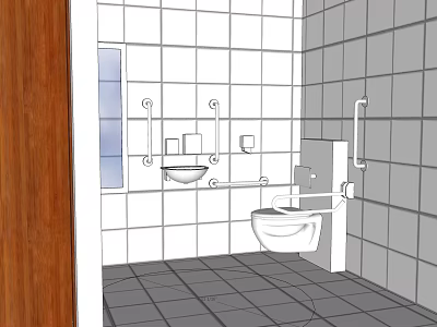 Bathroom Interior With Tiled Walls Floor Wooden Door Sink Toilet And Grab Bars 3d model