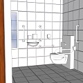 Bathroom Interior With Tiled Walls Floor Wooden Door Sink Toilet And Grab Bars
