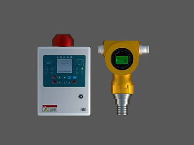 Industrial Gas Alarm Controller With Red Alarm Light Digital Screen Buttons And Yellow Cylindrical Detector 3d model