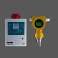 Industrial Gas Alarm Controller With Red Alarm Light Digital Screen Buttons And Yellow Cylindrical Detector