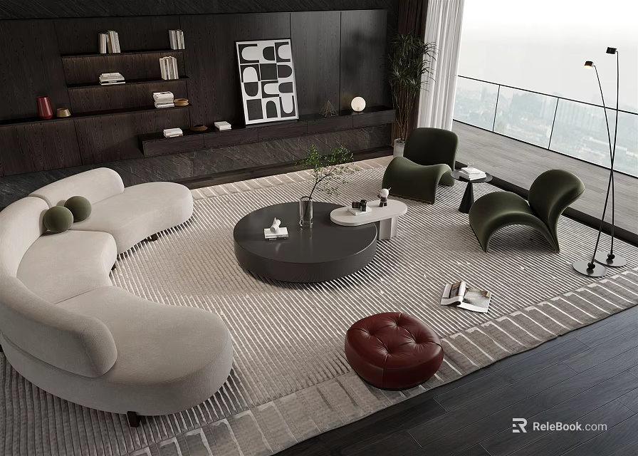 Modern White Curved Sofa With Black Round Coffee Table And Green Armchairs On Rug 3d model 