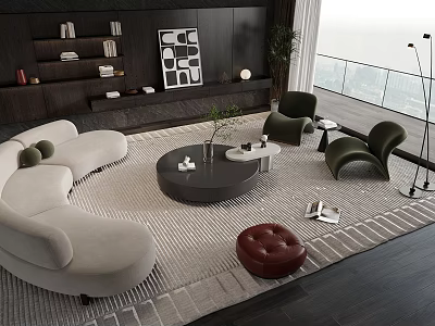 Modern White Curved Sofa With Black Round Coffee Table And Green Armchairs On Rug 3d model