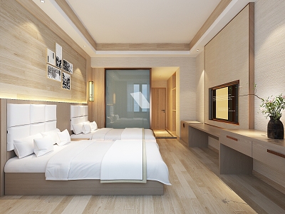 Simple Minimalist Log Style Hotel Standard Room Double Bed Room Folk Room Bedroom 3d model