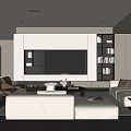 Modern Living Room With Large TV Wall Bookshelves Light Sofas Coffee Table Fireplace And Plant