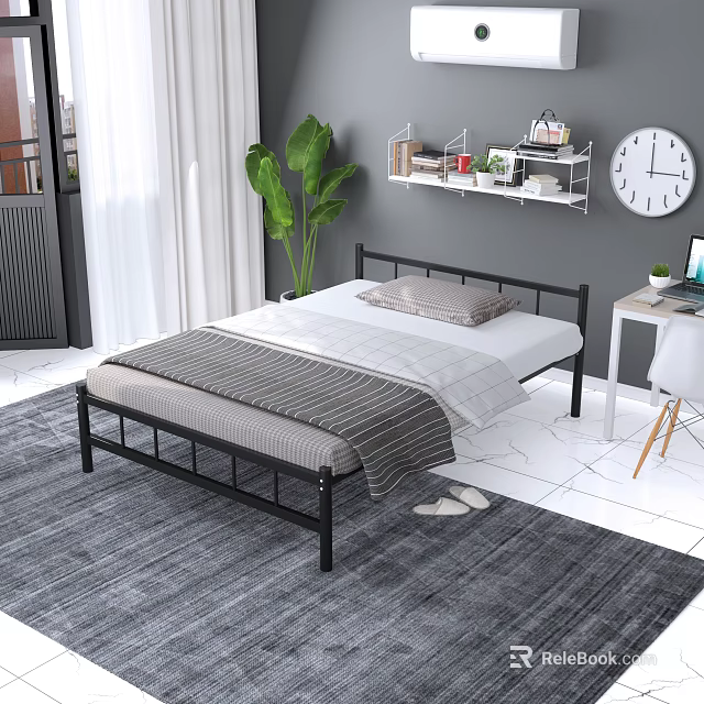 Modern Black Metal Frame Double Bed With White Sheets Gray Blanket And Green Plant 3d model 