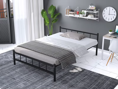 Modern Black Metal Frame Double Bed With White Sheets Gray Blanket And Green Plant 3d model