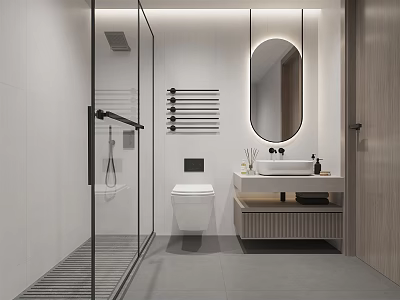 Modern Bathroom Interior Design With Glass Shower Enclosure Wall Mounted Toilet And Round Mirror 3d model
