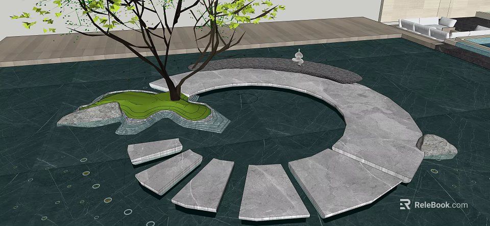 Garden Landscape Design With Circular Stone Path Tree Green Lawn And Decorative Statue 3d model 