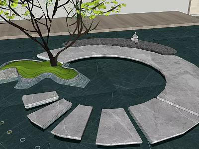Garden Landscape Design With Circular Stone Path Tree Green Lawn And Decorative Statue 3d model