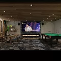 Modern Clubhouse Interior With Wooden Ceiling Green Plants Billiard Table Sofa And Dining Chairs