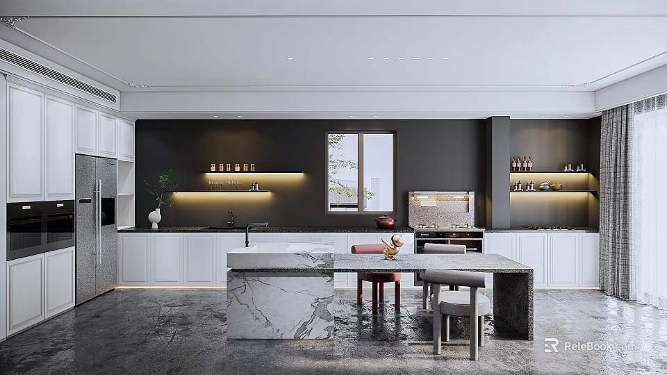 Modern Kitchen Interior Design Featuring Marble Island White Cabinets Black Wall And Stools 3d model