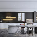 Modern Kitchen Interior Design Featuring Marble Island White Cabinets Black Wall And Stools 3d model