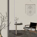 Leisure Chair With Wooden Frame Cushioned Seat Round Side Table And Macrame Wall Hanging