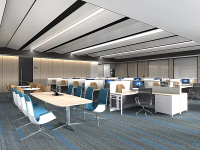 Modern Public Office Space With Spacious Layout Desks Blue Chairs And Linear Lighting 3d model