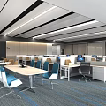 Modern Public Office Space With Spacious Layout Desks Blue Chairs And Linear Lighting