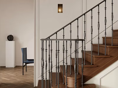 Modern Staircase Interior With Metal Railing Wooden Steps Blue Chair And Wall Lamp 3d model